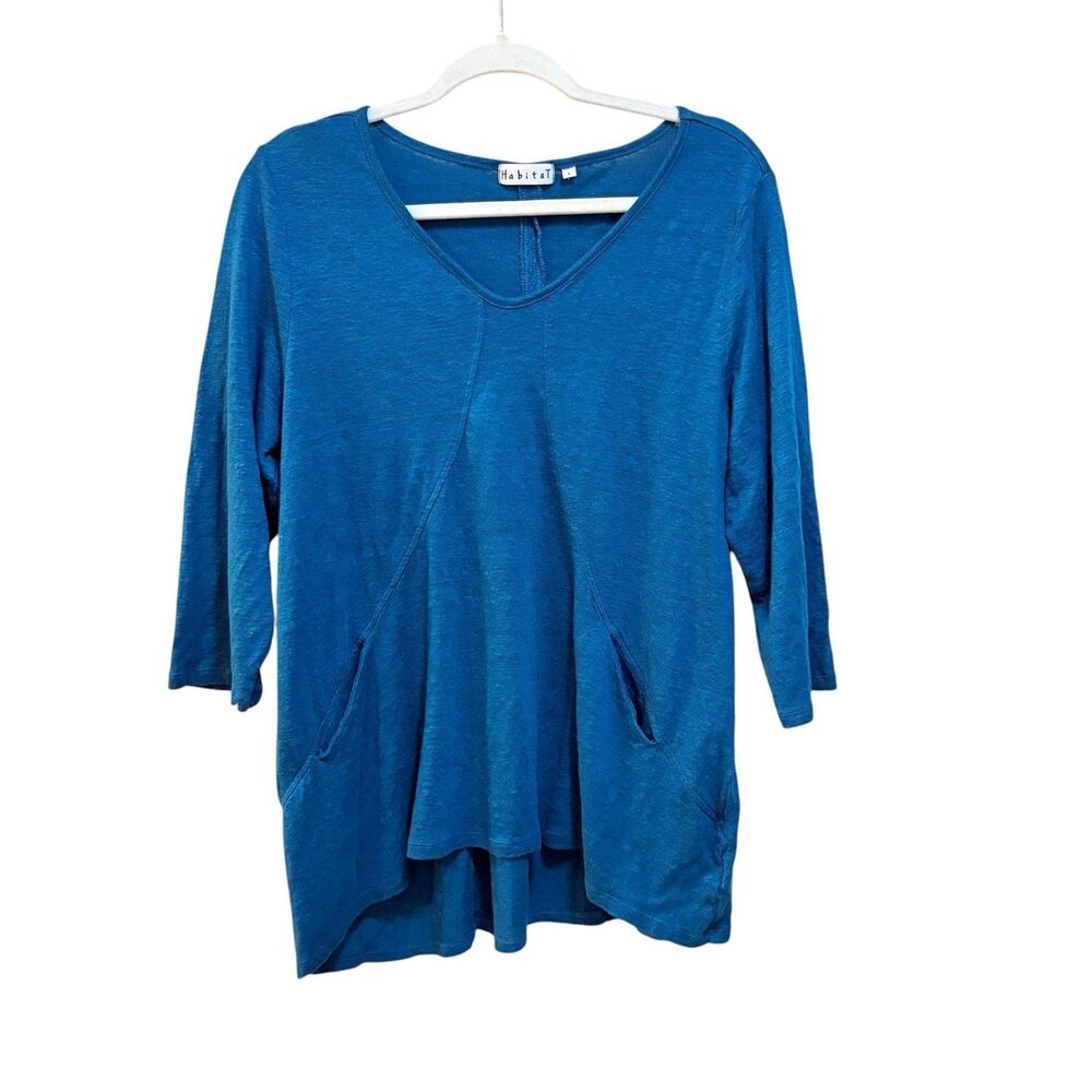 Habitat Tunic Blouse Womens Large Blue Linen V Neck 3/4 Sleeve Pocket Top - Picture 2 of 7